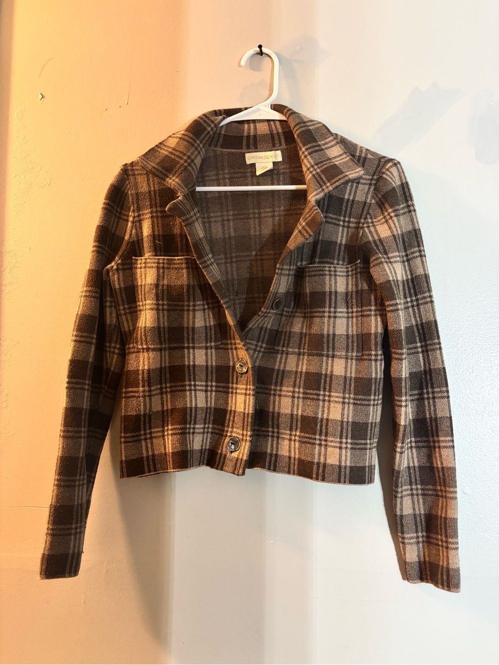 Cynthia Rowley Brown Plaid Wool-Blend Cropped Blazer